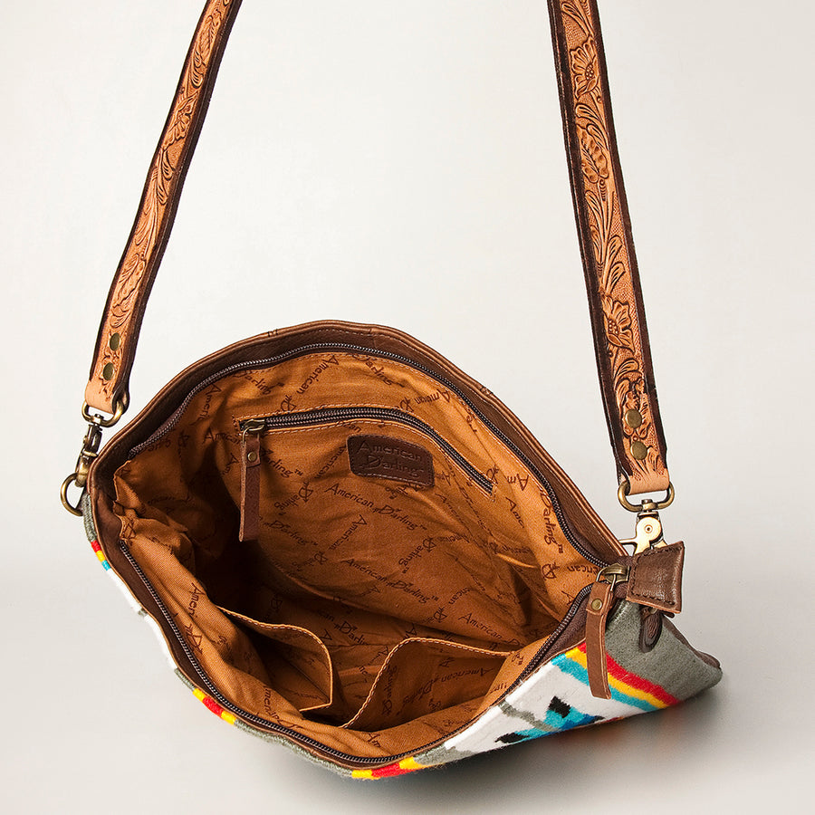 American Darling Large Cross body Bag Hand Woven Saddle Blanket Vegetable-Tanned Genuine Leather Hand Tooled