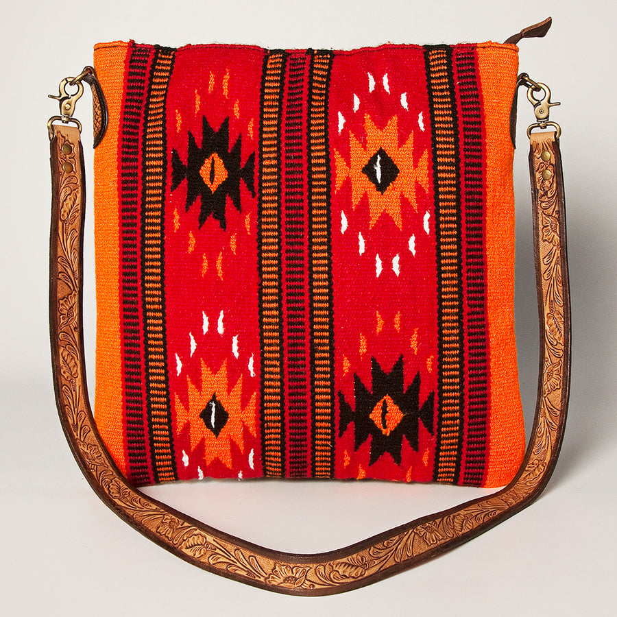 American Darling Large Cross body Bag Hand Woven Saddle Blanket Vegetable-Tanned Genuine Leather Hand Tooled