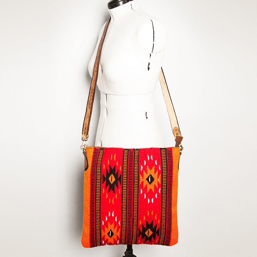American Darling Large Cross body Bag Hand Woven Saddle Blanket Vegetable-Tanned Genuine Leather Hand Tooled