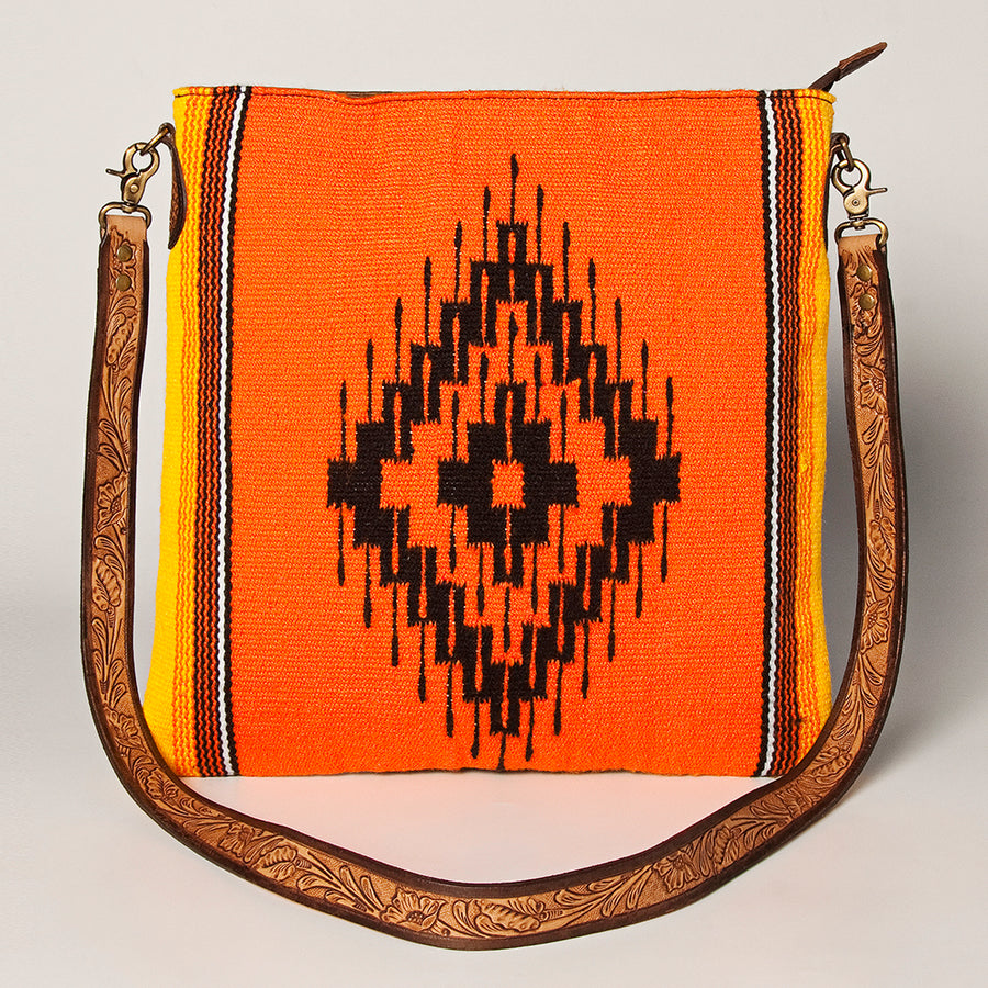 American Darling Large Cross body Bag Hand Woven Saddle Blanket Vegetable-Tanned Genuine Leather Hand Tooled