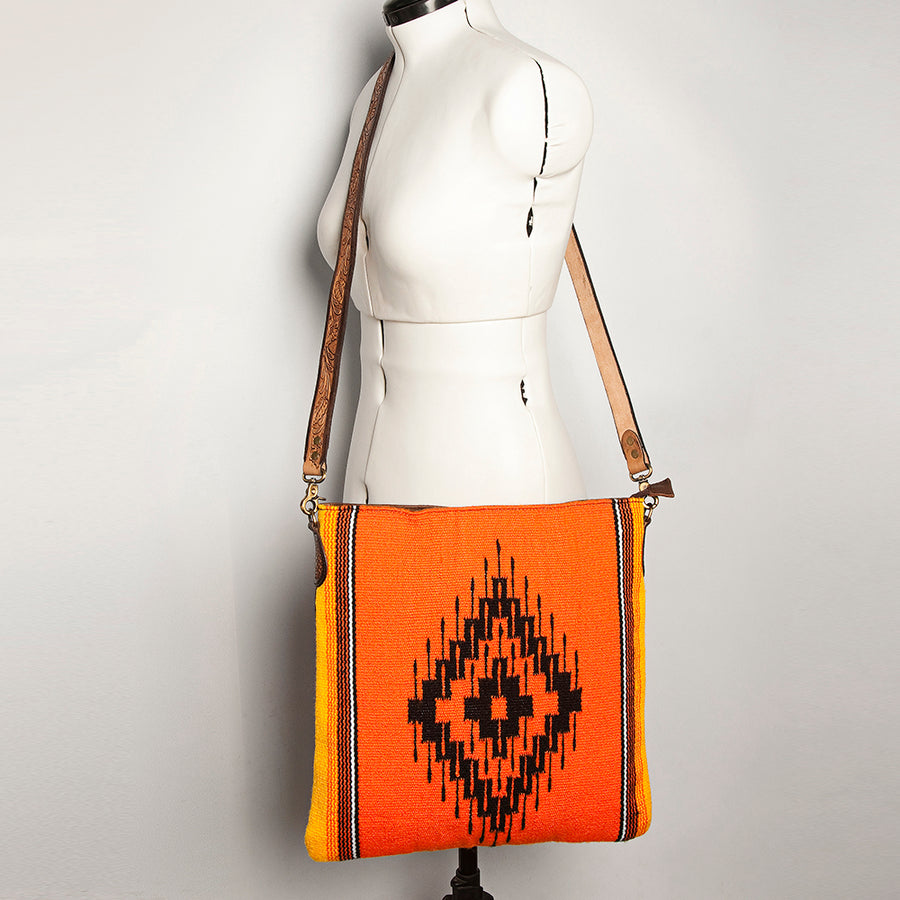 American Darling Large Cross body Bag Hand Woven Saddle Blanket Vegetable-Tanned Genuine Leather Hand Tooled