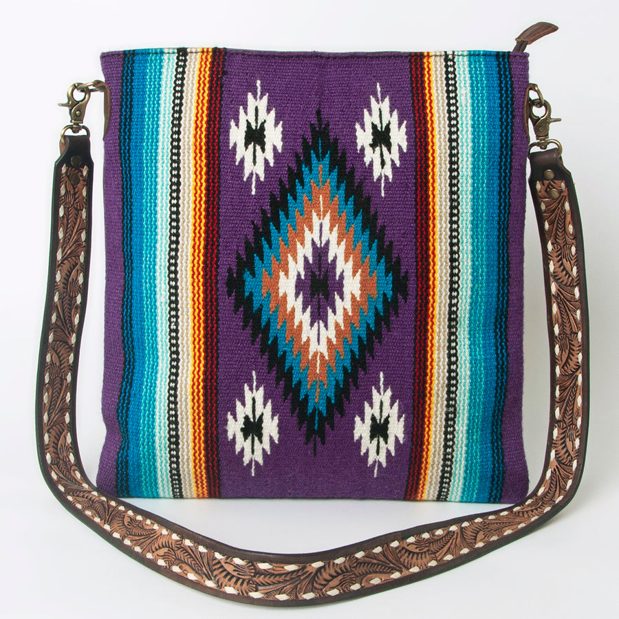 American Darling Large Cross body Bag Hand Woven Saddle Blanket Vegetable-Tanned Genuine Leather Hand Tooled
