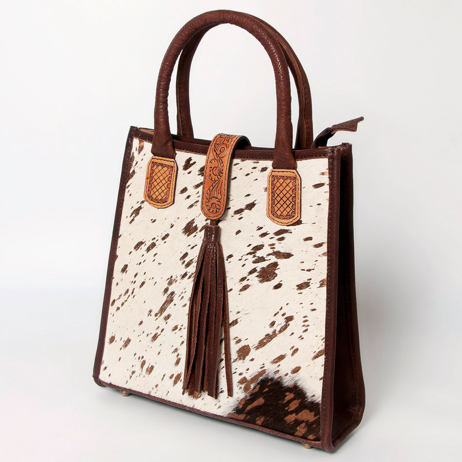 Cowhide leather tote bag with brown and white speckled pattern - Uhorse