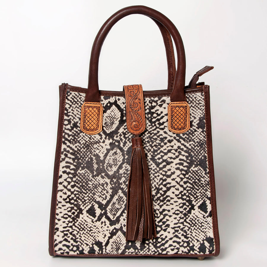 American Darling Tote Bag Hair-On Cowhide Vegetable-Tanned Genuine Leather Floral Carved Hand Tooled Tassels