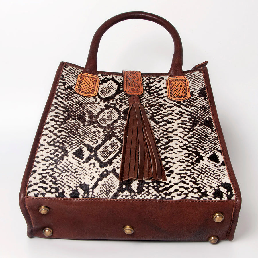 American Darling Tote Bag Hair-On Cowhide Vegetable-Tanned Genuine Leather Floral Carved Hand Tooled Tassels