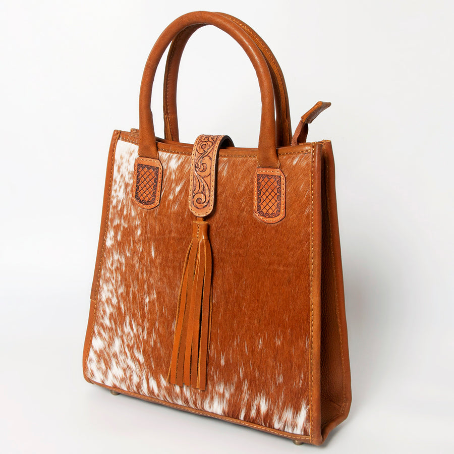 American Darling Tote Bag Hair-On Cowhide Vegetable-Tanned Genuine Leather Floral Carved Hand Tooled Tassels