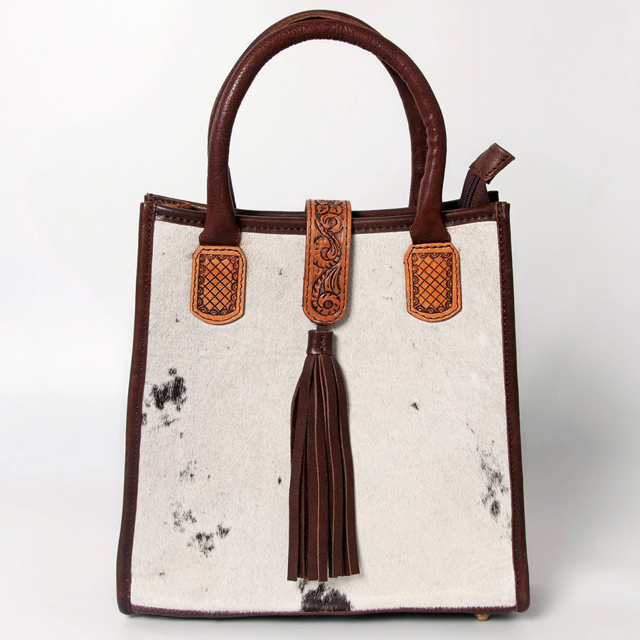 American Darling Tote Bag Hair-On Cowhide Vegetable-Tanned Genuine Leather Floral Carved Hand Tooled Tassels