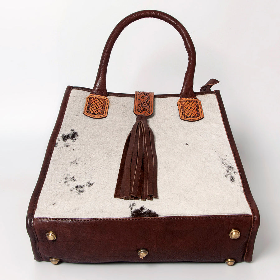 American Darling Tote Bag Hair-On Cowhide Vegetable-Tanned Genuine Leather Floral Carved Hand Tooled Tassels