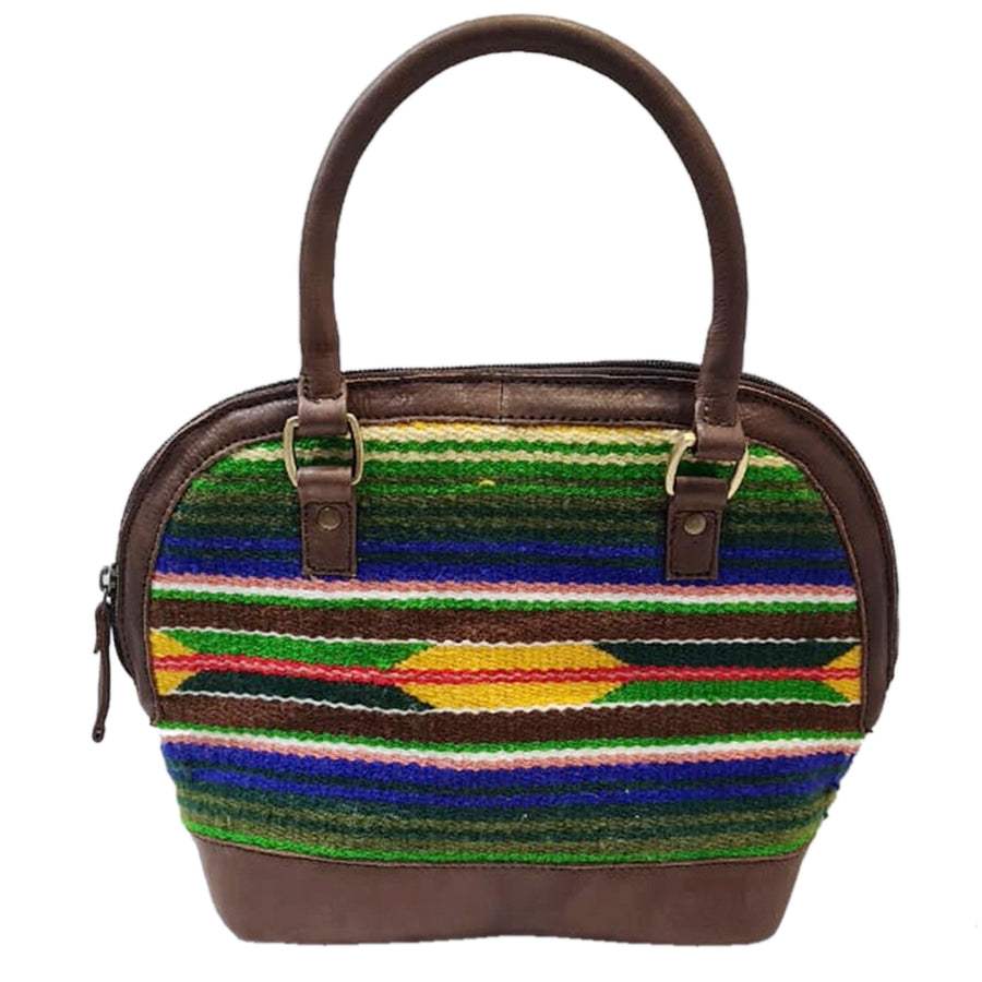 Brown leather handbag with multicolor striped woven panel - Uhorse