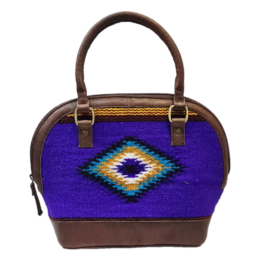 Purple wool handbag with leather handles and geometric diamond pattern - Uhorse