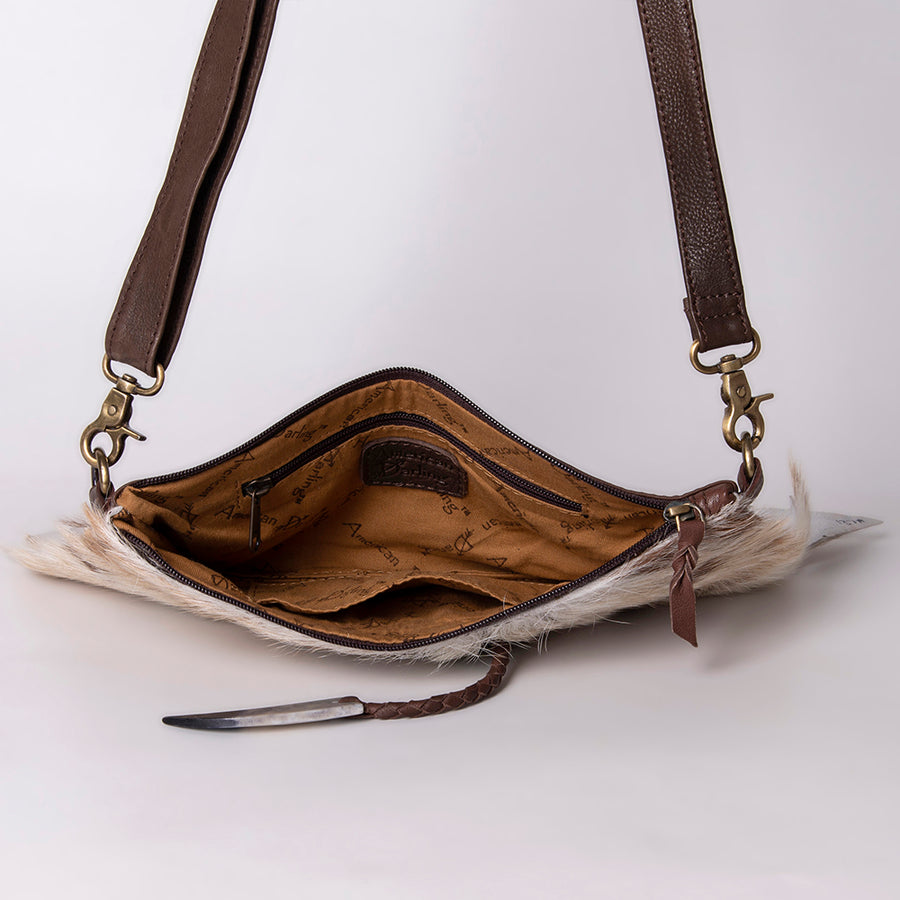 American Darling Small Cross body Bag Hair-On Cowhide Fringed Western Leather Purse with Rivets 5in x 12in
