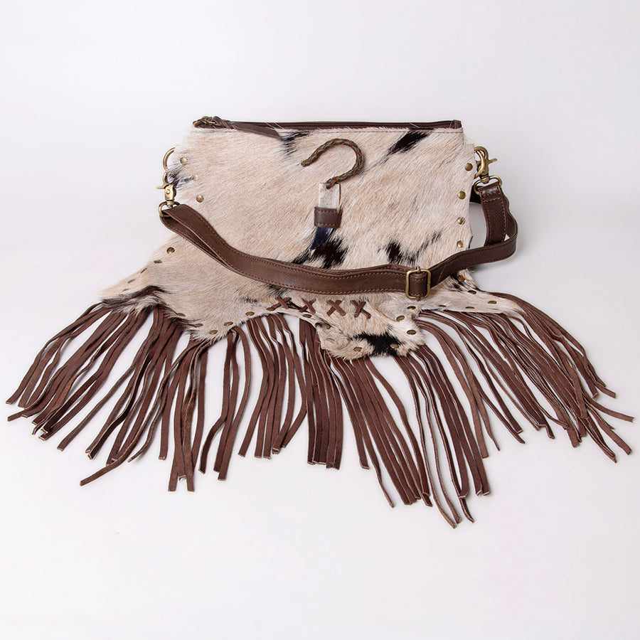American Darling Small Cross body Bag Hair-On Cowhide Fringed Western Leather Purse with Rivets 5in x 12in