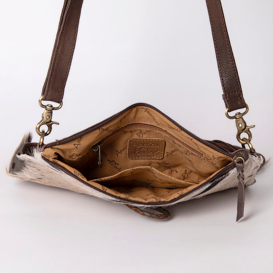 American Darling Small Cross body Bag Hair-On Cowhide Fringed Western Leather Purse with Rivets 5in x 12in