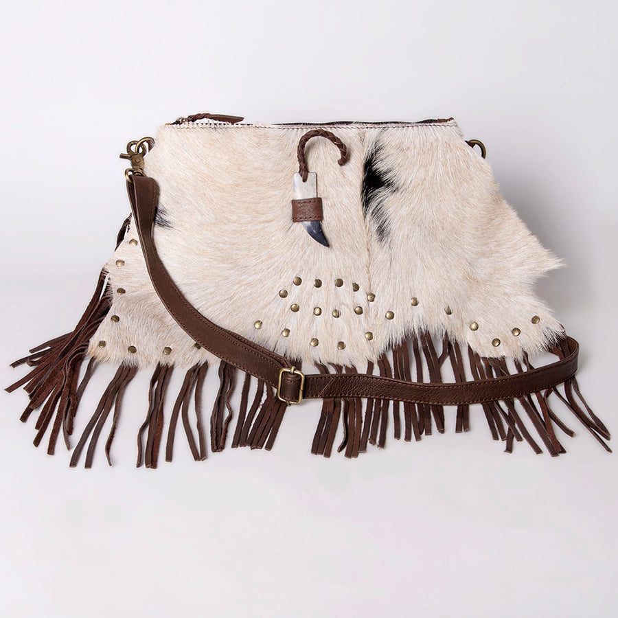 American Darling Small Cross body Bag Hair-On Cowhide Fringed Western Leather Purse with Rivets 5in x 12in