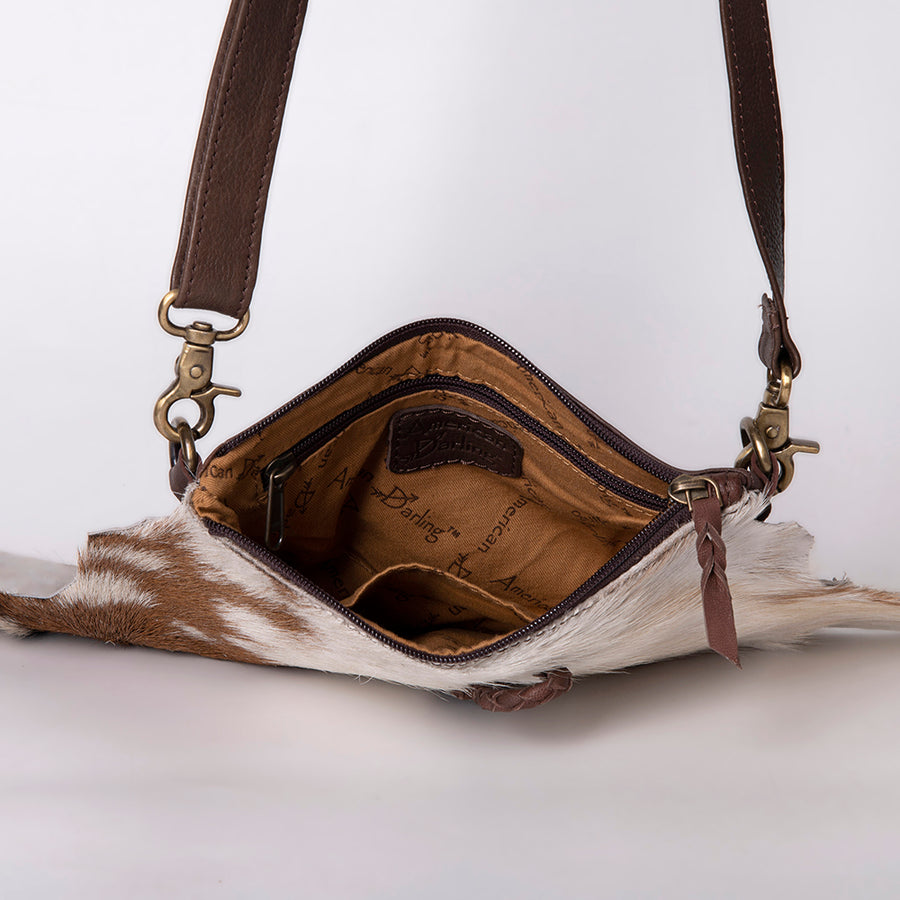 American Darling Cross body Bag Hair-On Cowhide Western Leather Purse with Braided Accents 7in x 9in