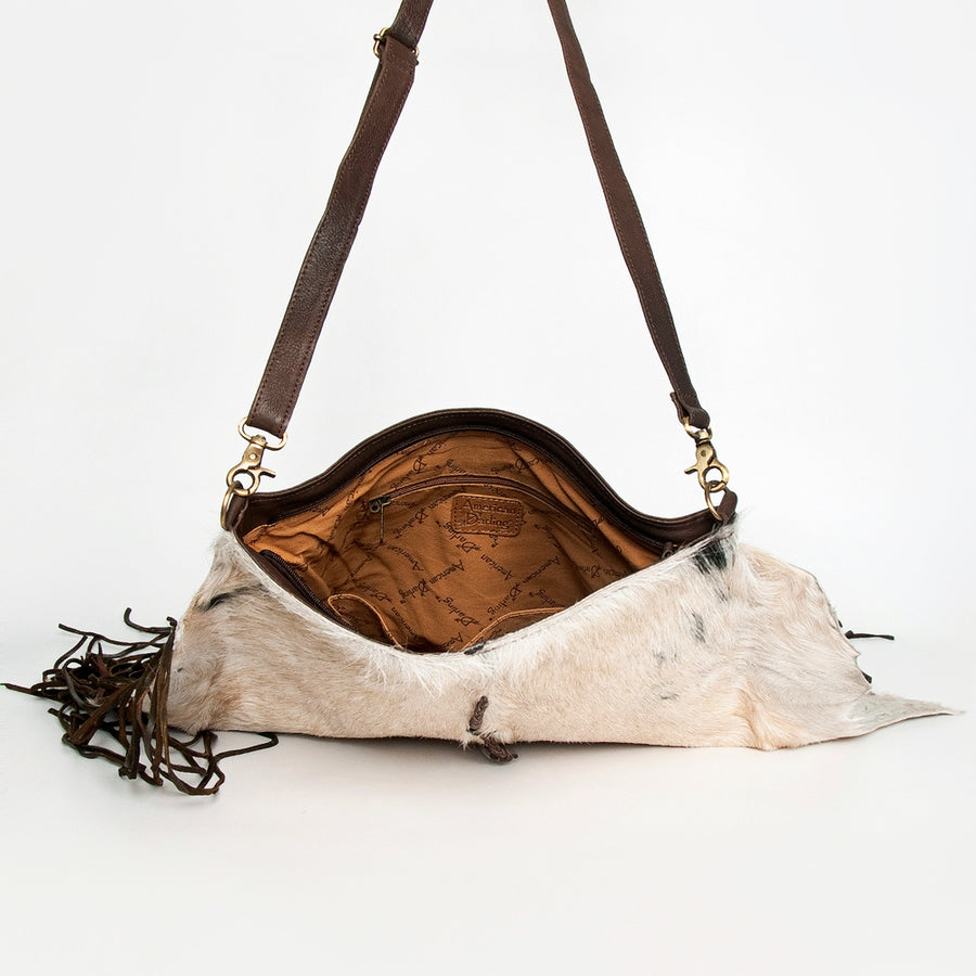American Darling Large Cross body Bag Hair-On Cowhide Fringed Western Leather Purse with Rivets 16in x 16in