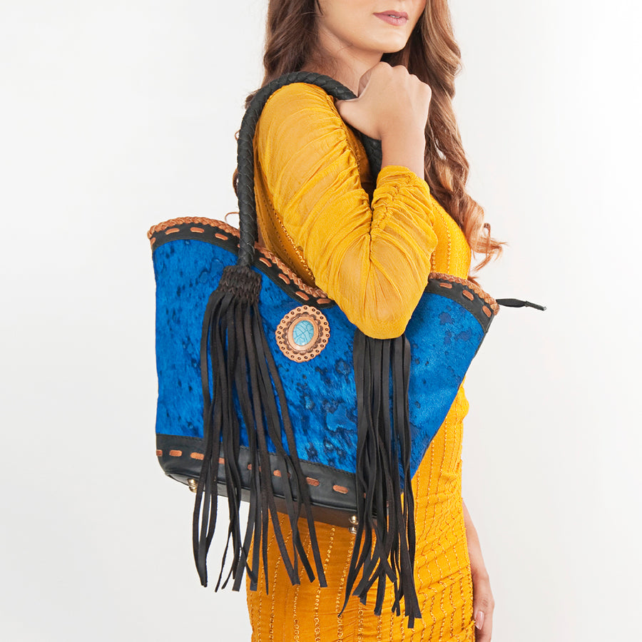 American Darling Tote Bag, Genuine Vegetable-Tanned Leather, Hair-On Cowhide with Fringes & Turquoise, Western Handbag