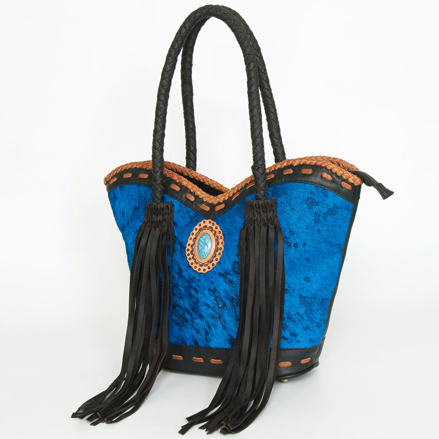 American Darling Western Leather Tote Bag - Hair-On Cowhide and Fringed Turquoise Purse - Uhorse