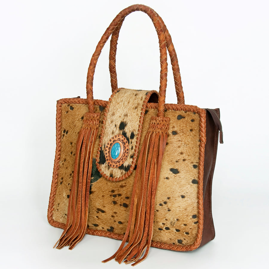 American Darling Western Leather Tote Bag - Hair-On Cowhide Fringed Purse with Turquoise - Uhorse