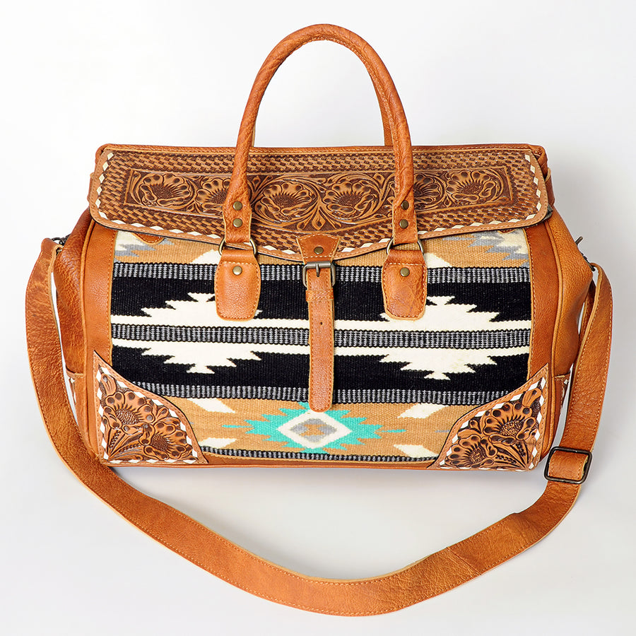 American Darling Duffel Bag Hand Tooled Floral Carved Hair-On Cowhide Genuine Vegetable Tanned Leather Travel Bag YKK Zipper
