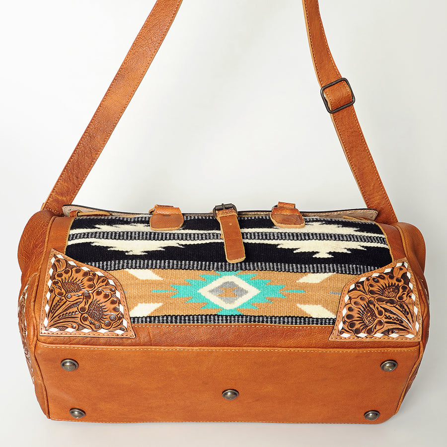 American Darling Duffel Bag Hand Tooled Floral Carved Hair-On Cowhide Genuine Vegetable Tanned Leather Travel Bag YKK Zipper