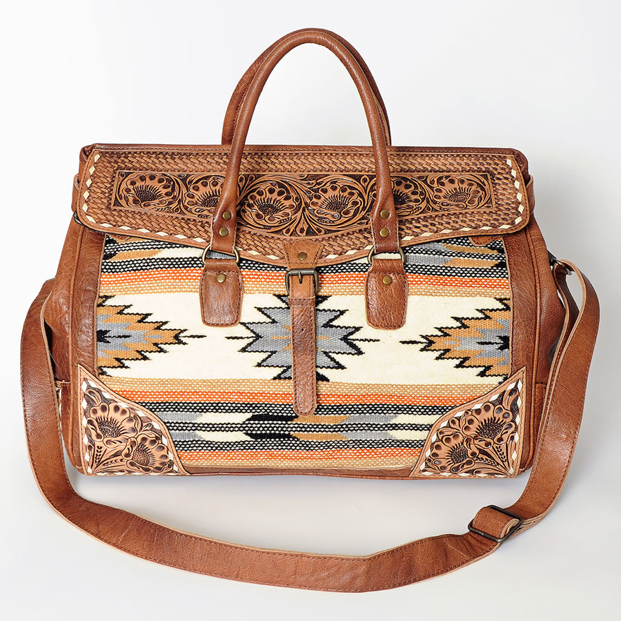 American Darling Duffel Bag Hand Tooled Floral Carved Hair-On Cowhide Genuine Vegetable Tanned Leather Travel Bag YKK Zipper