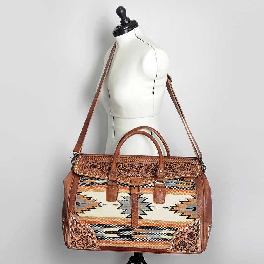 American Darling Duffel Bag Hand Tooled Floral Carved Hair-On Cowhide Genuine Vegetable Tanned Leather Travel Bag YKK Zipper