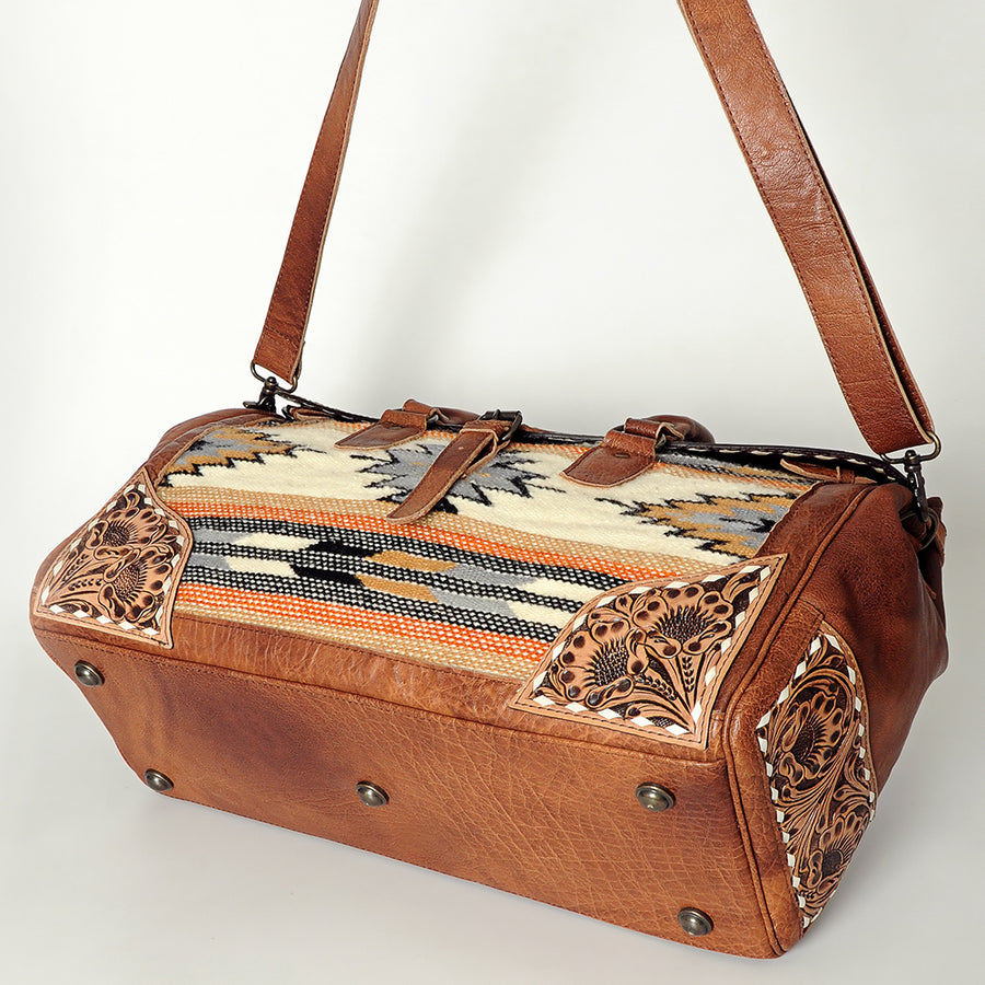 American Darling Duffel Bag Hand Tooled Floral Carved Hair-On Cowhide Genuine Vegetable Tanned Leather Travel Bag YKK Zipper