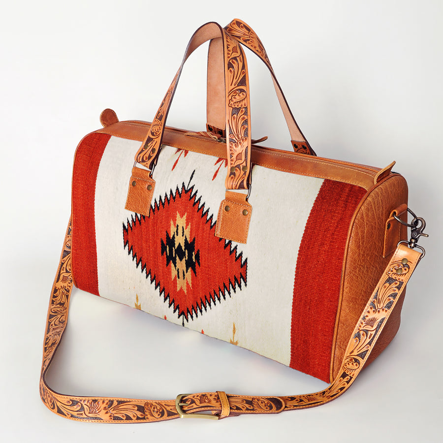 American Darling Hand Tooled Leather and Woven Saddle Blanket Western Duffel Bag - Uhorse