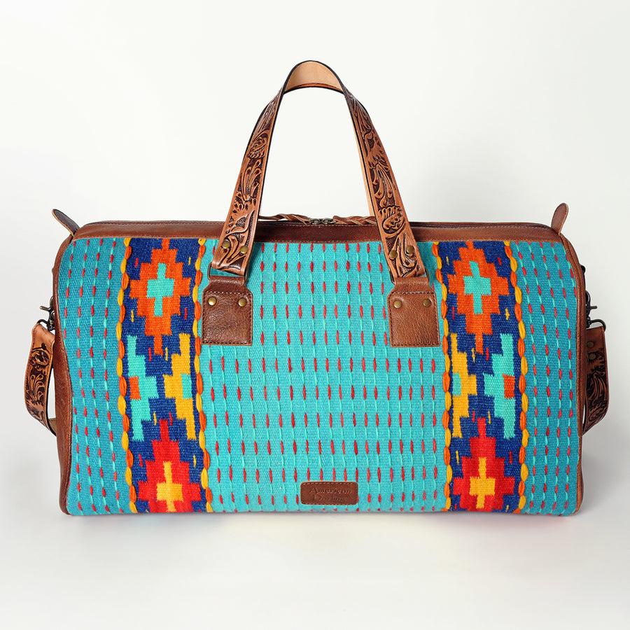 American Darling Duffel Bag for Travel, Hand Tooled Floral Leather & Woven Saddle Blanket, Genuine Western Leather Weekender