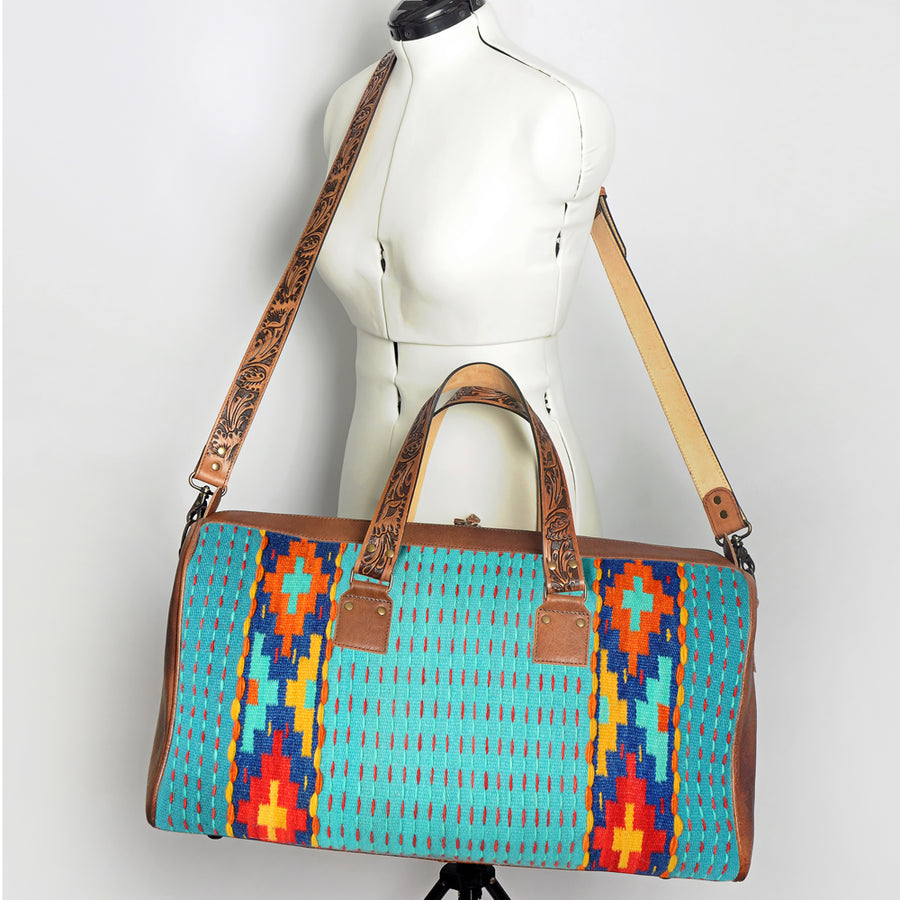 American Darling Duffel Bag for Travel, Hand Tooled Floral Leather & Woven Saddle Blanket, Genuine Western Leather Weekender