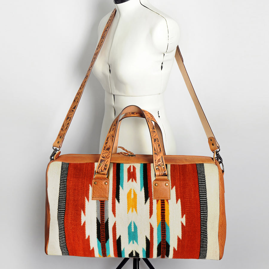 American Darling Duffel Bag for Travel, Hand Tooled Floral Leather & Woven Saddle Blanket, Genuine Western Leather Weekender