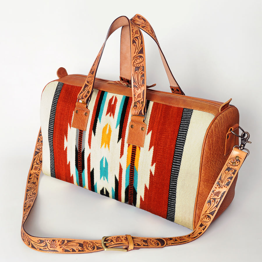 American Darling Hand Tooled Leather and Woven Saddle Blanket Western Duffel Bag - Uhorse