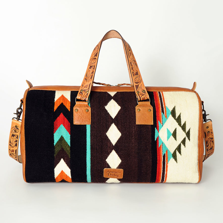 American Darling Duffel Bag for Travel, Hand Tooled Floral Leather & Woven Saddle Blanket, Genuine Western Leather Weekender