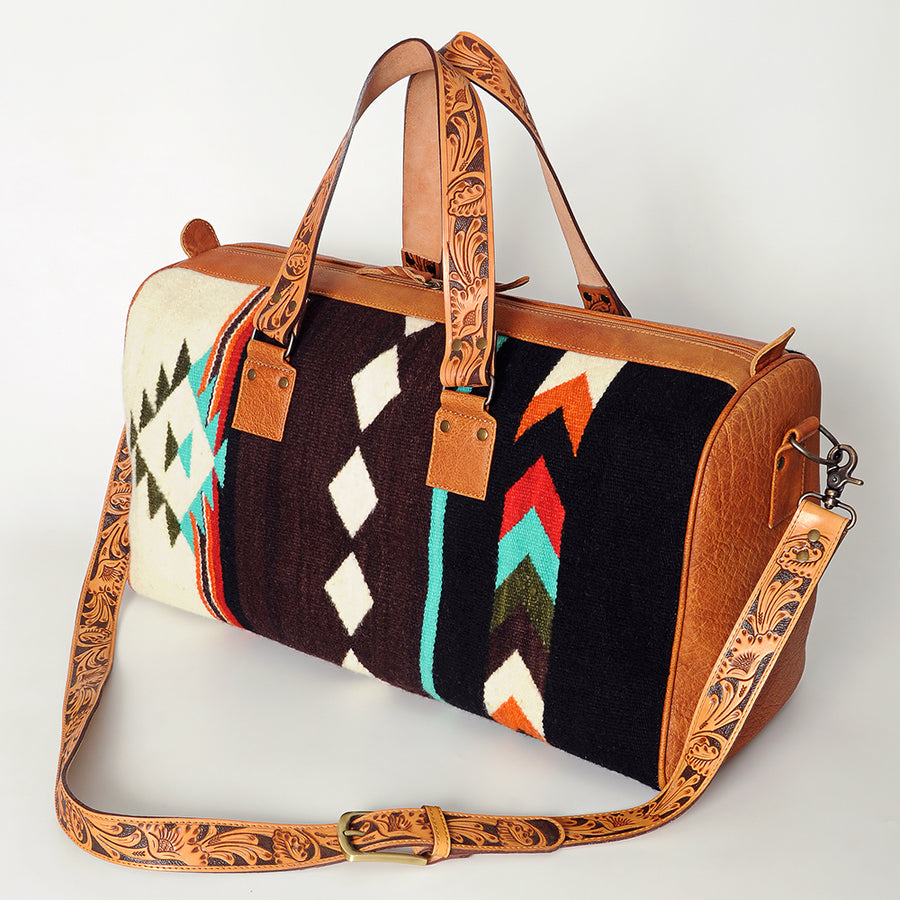 American Darling Hand Tooled Leather and Woven Saddle Blanket Western Duffel Bag - Uhorse