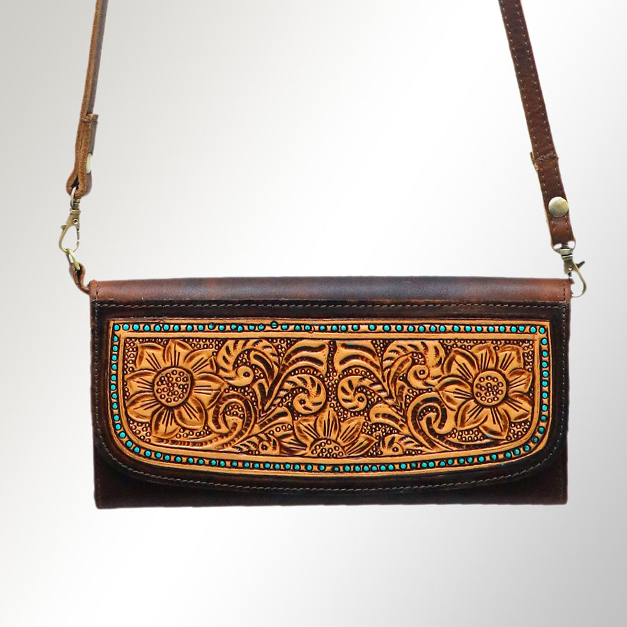 American Darling Wallet Hand Tooled Leather Clutch Vegetable Tanned Western Accessory 4in x 8in