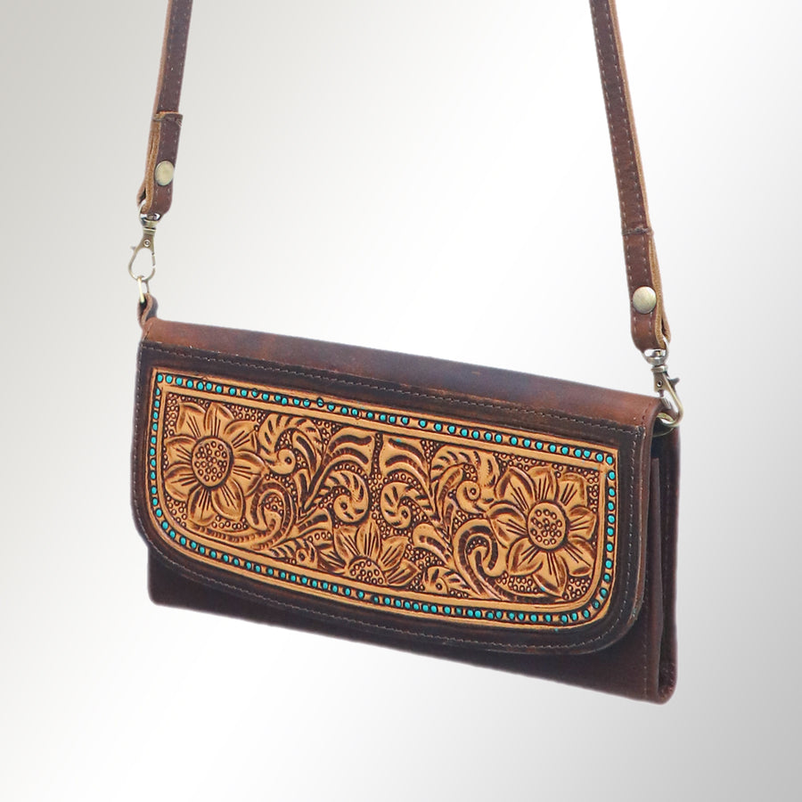 American Darling Hand Tooled Floral Small Cross body Bag - Western Leather Wallet Purse - Uhorse