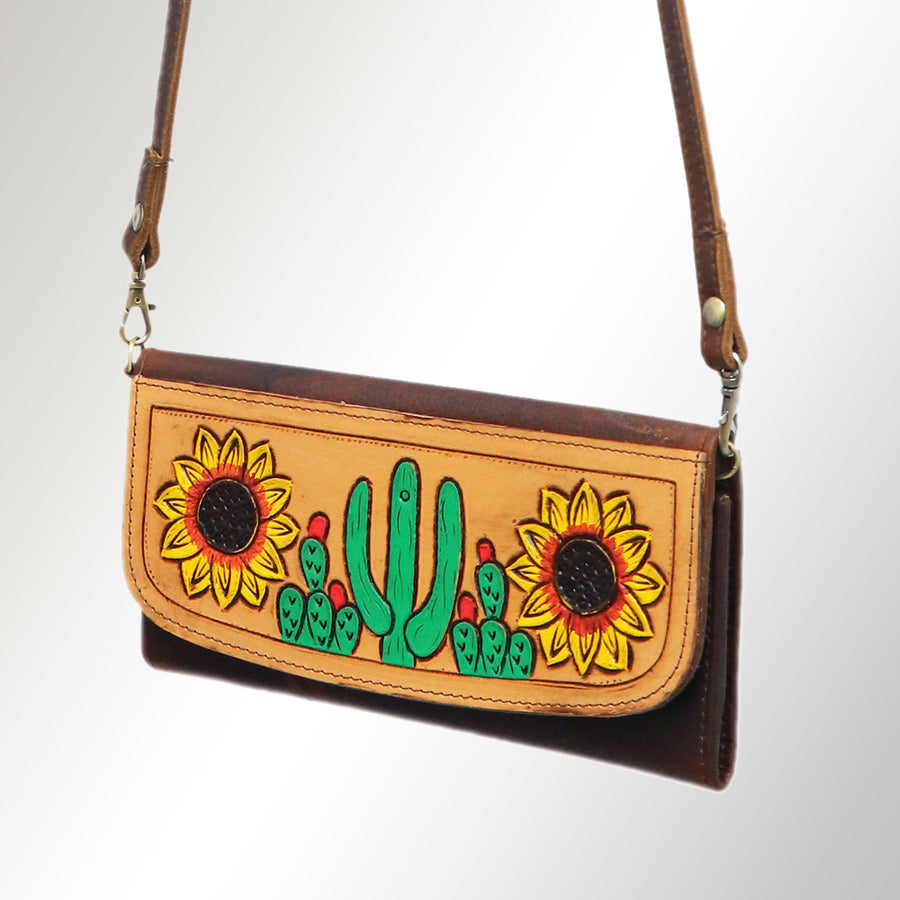 American Darling Hand Tooled Floral Small Cross body Bag - Western Leather Wallet Purse - Uhorse