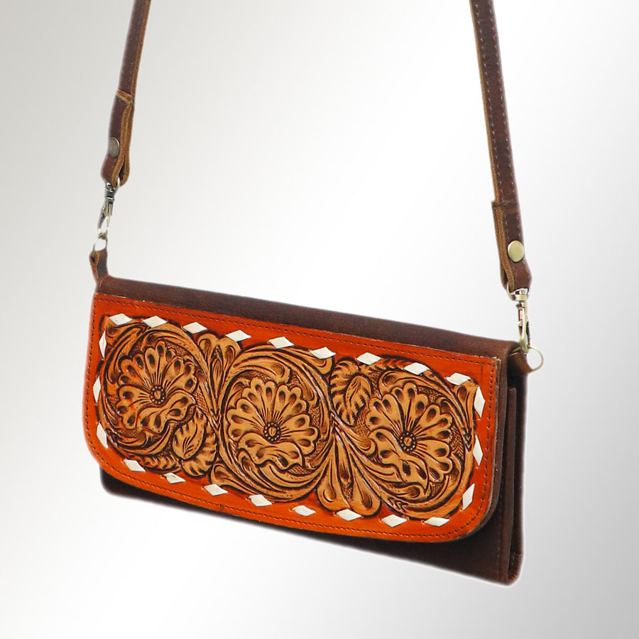American Darling Hand Tooled Floral Small Cross body Bag - Western Leather Wallet Purse - Uhorse