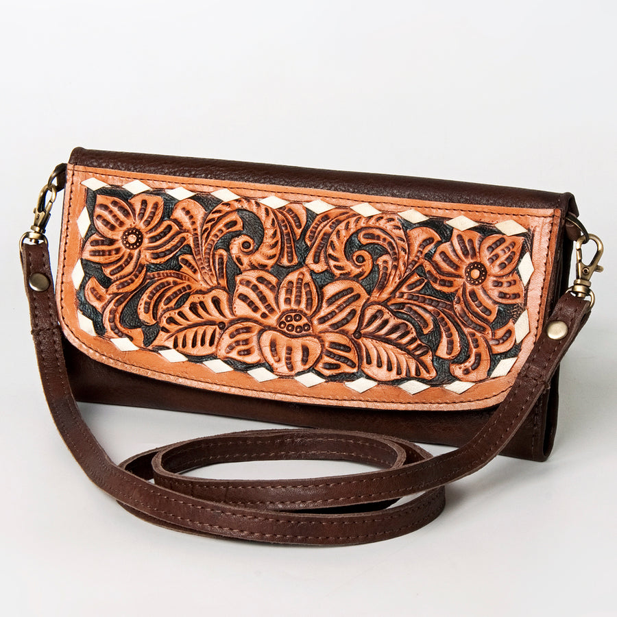American Darling Hand Tooled Floral Small Cross body Bag - Western Leather Wallet Purse - Uhorse