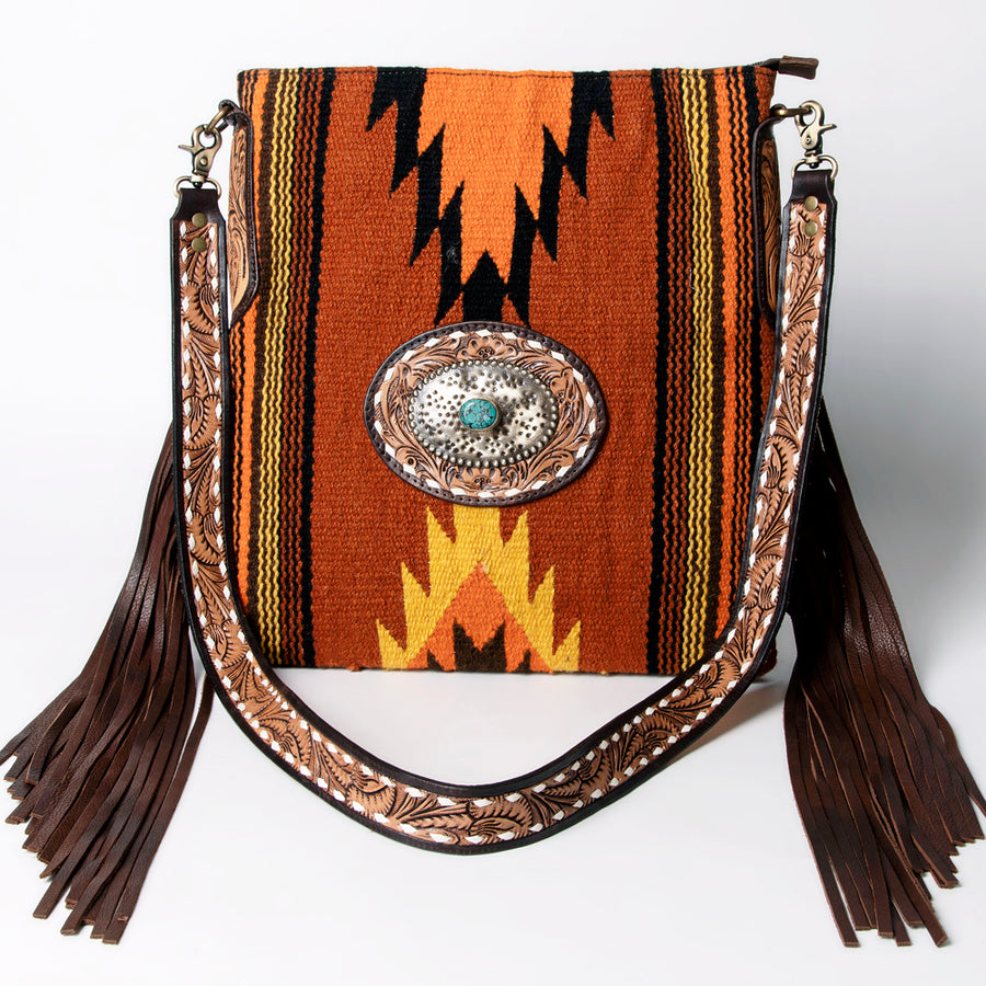 American Darling Large Cross body Bag Hand Woven Saddle Blanket Vegetable-Tanned Genuine Leather Floral Carved Turquoise Concho