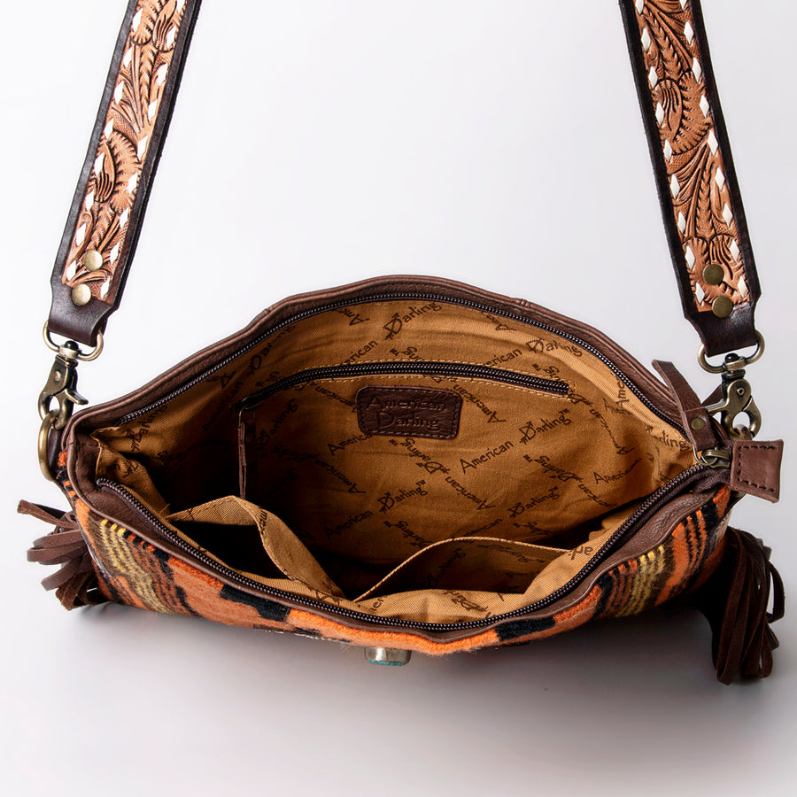 American Darling Large Cross body Bag Hand Woven Saddle Blanket Vegetable-Tanned Genuine Leather Floral Carved Turquoise Concho