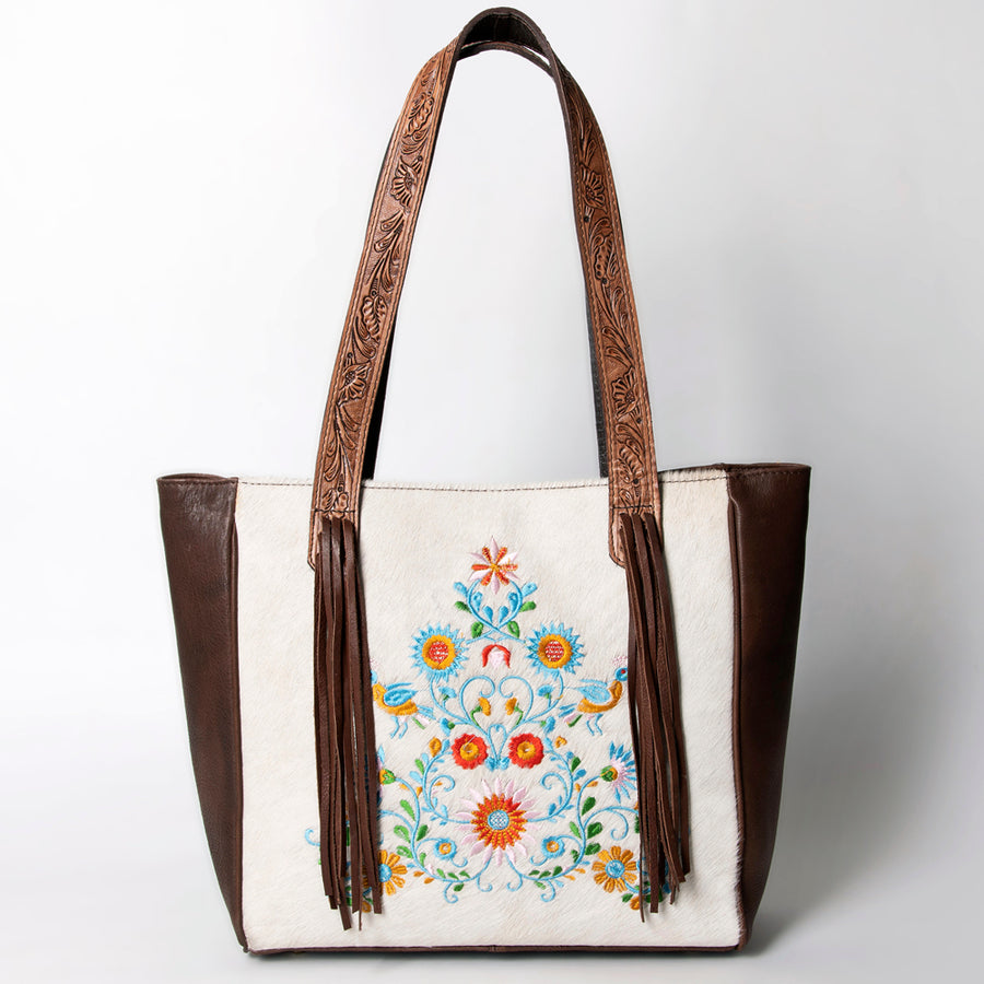 American Darling Tote Bag Hair-On Cowhide Vegetable-Tanned Genuine Leather Embroidery Hand Tooled Fringes