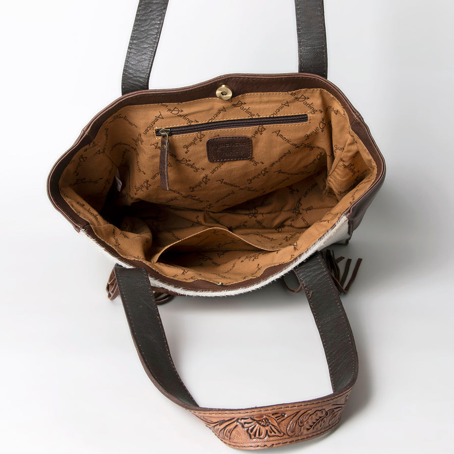 American Darling Tote Bag Hair-On Cowhide Vegetable-Tanned Genuine Leather Embroidery Hand Tooled Fringes