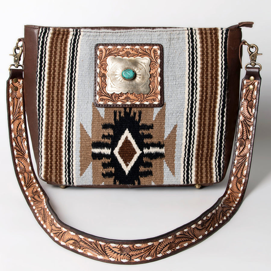 American Darling Large Cross body Bag Hand Woven Saddle Blanket Vegetable-Tanned Genuine Leather Floral Carved Buck Stitched Turquoise Concho
