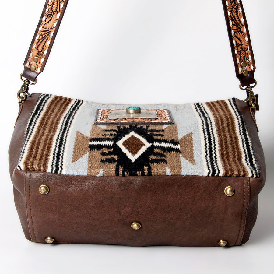 American Darling Large Cross body Bag Hand Woven Saddle Blanket Vegetable-Tanned Genuine Leather Floral Carved Buck Stitched Turquoise Concho