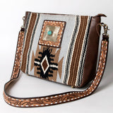 Blue wool and leather shoulder bag with geometric pattern and tooled hardware - Uhorse