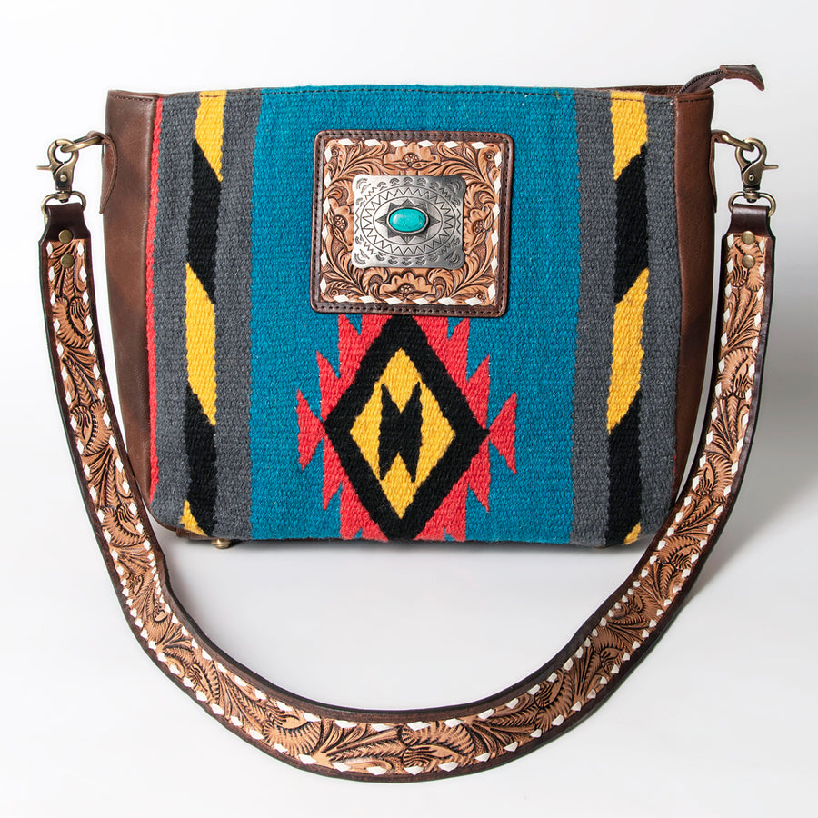 American Darling Large Cross body Bag Hand Woven Saddle Blanket Vegetable-Tanned Genuine Leather Floral Carved Buck Stitched Turquoise Concho