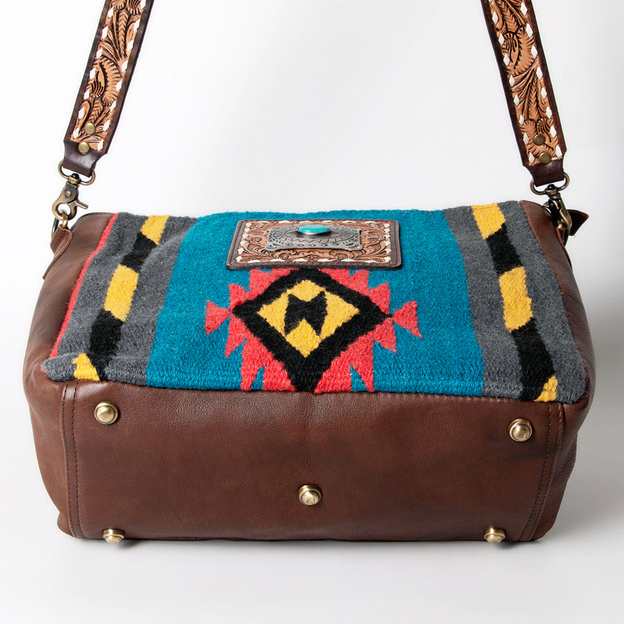 American Darling Large Cross body Bag Hand Woven Saddle Blanket Vegetable-Tanned Genuine Leather Floral Carved Buck Stitched Turquoise Concho