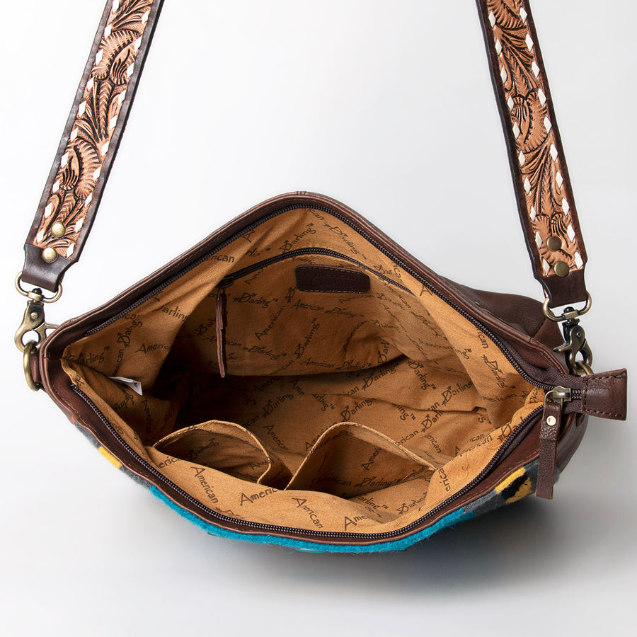 American Darling Large Cross body Bag Hand Woven Saddle Blanket Vegetable-Tanned Genuine Leather Floral Carved Buck Stitched Turquoise Concho
